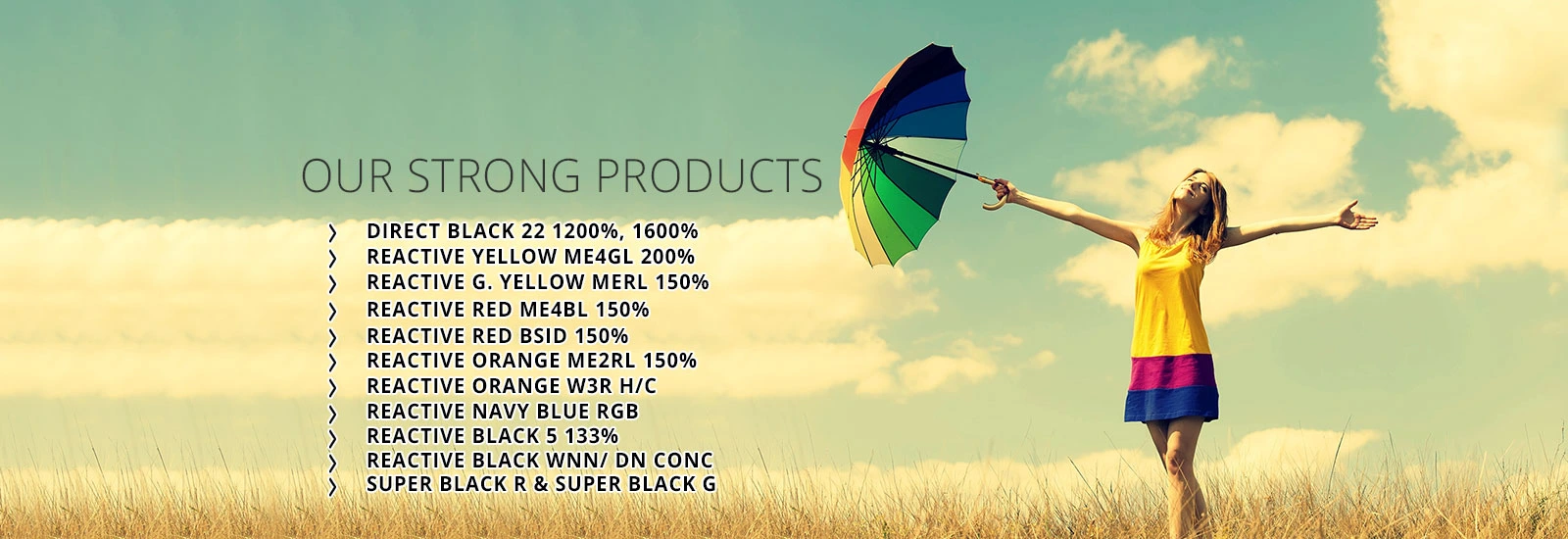 Banner image showing a woman in a yellow dress holding a rainbow umbrella in a sunlit field, with a left-aligned list titled 'OUR STRONG PRODUCTS' of product names and percentages, conveying a marketing message (informational).