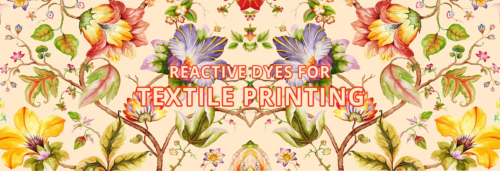 Ornate floral pattern with central bold red text: REACTIVE DYES FOR TEXTILE PRINTING.
