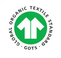 GOTS certification logo: circular emblem with a green background and white shirt icon, surrounded by the text 'Global Organic Textile Standard' (GOTS).